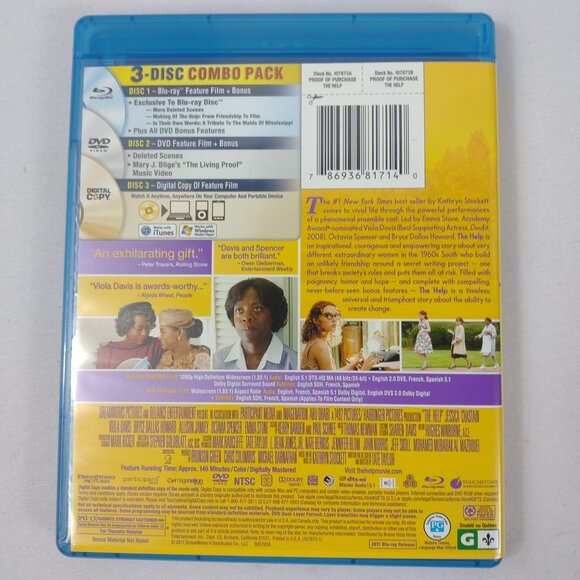 The Help - 2011 - 3 Disc Set - Blu/ray DVD - Rated PG/13 - Used - Picture 6 of 7